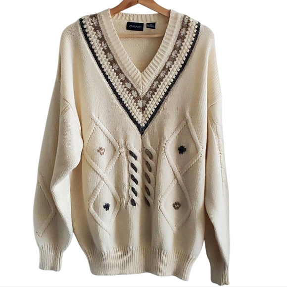 Vintage Gant Cream Knit V-Neck Sweater Size L - Picture 1 of 8